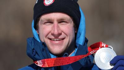 Ryan Cochran-Siegle of Team USA shows off his Olympic silver medal