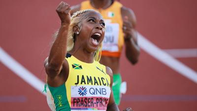 EUGENE, OREGON - JULY 17: Gold medalist Shelly-Ann Fraser-Pryce of Team Jamaica celebrates after the Women's 100m Final on day three of the World Athletics Championships Oregon22 at Hayward Field on July 17, 2022 in Eugene, Oregon. (Photo by CHINASPORTS...