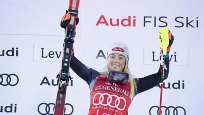 LEVI, FINLAND - NOVEMBER 12: Mikaela Shiffrin of Team United States takes 1st place during the Audi FIS Alpine Ski World Cup Women's Slalom on November 12, 2023 in Levi, Finland. (Photo by Christophe Pallot/Agence Zoom/Getty Images)