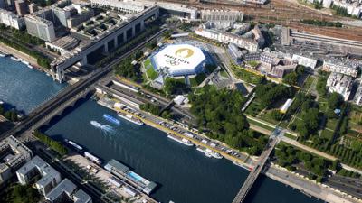 Rendering of the Bercy Arena venue where gymnastics will take place at the 2024 Paris Olympics.