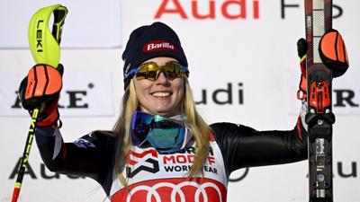 Winner USA's Mikaela Shiffrin celebrates on the podium after the Women's Slalom race at the FIS Alpine Skiing World Cup in Are, Sweden, on March 10, 2024. (Photo by Pontus LUNDAHL / TT News Agency / AFP) / Sweden OUT (Photo by PONTUS LUNDAHL/TT News Age...