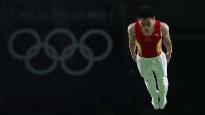 Lei Gao of China performs during the Mens Trampoline on Day 8 of the Rio 2016 Olympic Games