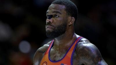 NEWARK, NEW JERSEY - JUNE 10: Jordan Burroughs reacts during the 79 kg match against Chance Marsteller as part of the 2023 Beat the Streets Final X Wrestling event at the Prudential Center on June 10, 2023 in Newark, New Jersey. (Photo by Elsa/Getty Ima...