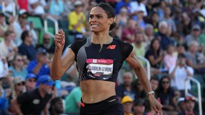 Jul 8, 2023; Eugene, OR, USA; Sydney McLaughlin-Levrone wins the women's 400m in a meet record 48.74 during the USATF Championships at Hayward Field. Mandatory Credit: Kirby Lee-USA TODAY Sports