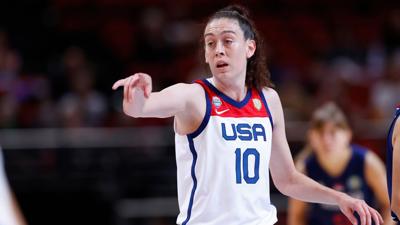 United States forward Breanna Stewart gestures to teammates in a game against against Serbia.