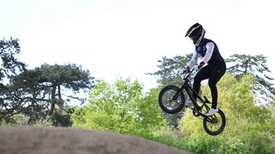 France's Romain Mahieu takes part in a cycling BMX training session ahead of the Paris 2024 Olympic and Paralympic Games, at the Velodrome stadium in Saint-Quentin-en-Yvelines on April 16, 2024.