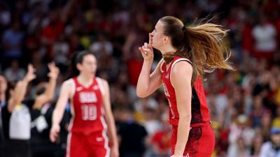 Sabrina Ionescu silences the crowd after 3 vs. Belgium