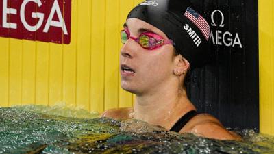 Regan Smith of the US reacts after winning the Women's 50m Backstroke final during the World Aquatics Swimming World Cup 2024 - Stop 2 at the Munhak Park Tae-hwan Aquatics Centre in Incheon on October 24, 2024. (Photo by ANTHONY WALLACE / AFP) (Photo by...