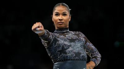 PARIS, FRANCE - JULY 28: Jordan Chiles of Team United States competes in the floor exercise during the Artistic Gymnastics Women's Qualification on day two of the Olympic Games Paris 2024 at Bercy Arena on July 28, 2024 in Paris, France. (Photo by Jamie...