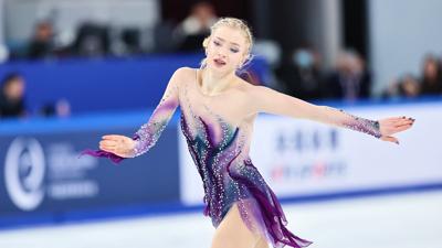 CHONGQING, CHINA - NOVEMBER 23: Amber Glenn of the United States competes in the Women's Free Skating on day two of the ISU Grand Prix of Figure Skating Cup of China 2024 at Chongqing Huaxi Cultural and Sports Center on November 23, 2024 in Chongqing, C...