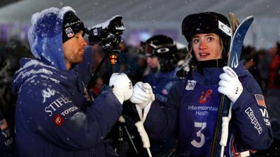 PARK CITY, UTAH - FEBRUARY 03: Olivia Giaccio of Team United States talks with her coach after a run during the final rounds of the Women's Dual Moguls Competition at the Intermountain Healthcare Freestyle International Ski World Cup at Deer Valley on F...